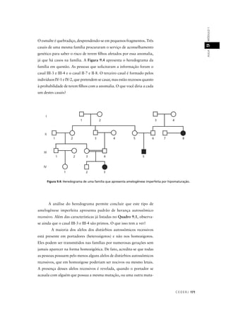 C E D E R J 171
AULAMÓDULO19
O esmalte é quebradiço, desprendendo-se em pequenos fragmentos. Três
casais de uma mesma família procuraram o serviço de aconselhamento
genético para saber o risco de terem ﬁlhos afetados por essa anomalia,
já que há casos na família. A Figura 9.4 apresenta o heredograma da
família em questão. As pessoas que solicitaram a informação foram o
casal III-3 e III-4 e o casal II-7 e II-8. O terceiro casal é formado pelos
indivíduos IV-1 e IV-2, que pretendem se casar, mas estão receosos quanto
à probabilidade de terem ﬁlhos com a anomalia. O que você diria a cada
um destes casais?
Figura 9.4: Heredograma de uma família que apresenta amelogênese imperfeita por hipomaturação.
A análise do heredograma permite concluir que este tipo de
amelogênese imperfeita apresenta padrão de herança autossômico
recessivo. Além das características já listadas no Quadro 9.1, observa-
se ainda que o casal III-3 e III-4 são primos. O que isso tem a ver?
A maioria dos alelos dos distúrbios autossômicos recessivos
está presente em portadores (heterozigotos) e não nos homozigotos.
Eles podem ser transmitidos nas famílias por numerosas gerações sem
jamais aparecer na forma homozigótica. De fato, acredita-se que todas
as pessoas possuem pelo menos alguns alelos de distúrbios autossômicos
recessivos, que em homozigose poderiam ser nocivos ou mesmo letais.
A presença desses alelos recessivos é revelada, quando o portador se
acasala com alguém que possua a mesma mutação, ou uma outra muta-
 