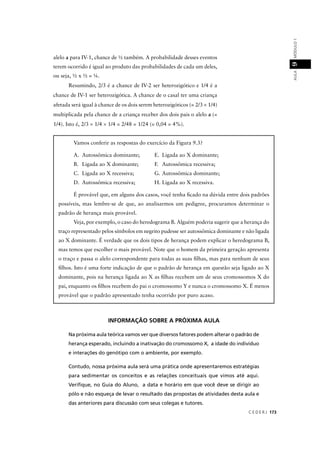 C E D E R J 173
AULAMÓDULO19
alelo a para IV-1, chance de ½ também. A probabilidade desses eventos
terem ocorrido é igual ao produto das probabilidades de cada um deles,
ou seja, ½ x ½ = ¼.
Resumindo, 2/3 é a chance de IV-2 ser heterozigótico e 1/4 é a
chance de IV-1 ser heterozigótica. A chance de o casal ter uma criança
afetada será igual à chance de os dois serem heterozigóticos (= 2/3 × 1/4)
multiplicada pela chance de a criança receber dos dois pais o alelo a (=
1/4). Isto é, 2/3 × 1/4 × 1/4 = 2/48 = 1/24 (= 0,04 = 4%).
Vamos conferir as respostas do exercício da Figura 9.3?
A. Autossômica dominante; E. Ligada ao X dominante;
B. Ligada ao X dominante; F. Autossômica recessiva;
C. Ligada ao X recessiva; G. Autossômica dominante;
D. Autossômica recessiva; H. Ligada ao X recessiva.
É provável que, em alguns dos casos, você tenha ﬁcado na dúvida entre dois padrões
possíveis, mas lembre-se de que, ao analisarmos um pedigree, procuramos determinar o
padrão de herança mais provável.
Veja, por exemplo, o caso do heredograma B. Alguém poderia sugerir que a herança do
traço representado pelos símbolos em negrito pudesse ser autossômica dominante e não ligada
ao X dominante. É verdade que os dois tipos de herança podem explicar o heredograma B,
mas temos que escolher o mais provável. Note que o homem da primeira geração apresenta
o traço e passa o alelo correspondente para todas as suas ﬁlhas, mas para nenhum de seus
ﬁlhos. Isto é uma forte indicação de que o padrão de herança em questão seja ligado ao X
dominante, pois na herança ligada ao X as ﬁlhas recebem um de seus cromossomos X do
pai, enquanto os ﬁlhos recebem do pai o cromossomo Y e nunca o cromossomo X. É menos
provável que o padrão apresentado tenha ocorrido por puro acaso.
INFORMAÇÃO SOBRE A PRÓXIMA AULA
Na próxima aula teórica vamos ver que diversos fatores podem alterar o padrão de
herança esperado, incluindo a inativação do cromossomo X, a idade do indivíduo
e interações do genótipo com o ambiente, por exemplo.
Contudo, nossa próxima aula será uma prática onde apresentaremos estratégias
para sedimentar os conceitos e as relações conceituais que vimos até aqui.
Veriﬁque, no Guia do Aluno, a data e horário em que você deve se dirigir ao
pólo e não esqueça de levar o resultado das propostas de atividades desta aula e
das anteriores para discussão com seus colegas e tutores.
 