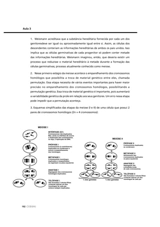 C E D E R J192
1. Weismann acreditava que a substância hereditária fornecida por cada um dos
genitoresdeve ser igual ou aproximadamente igual entre si. Assim, as células dos
descendentes conteriam as informações hereditárias de ambos os pais unidos. Isso
implica que as células germinativas de cada progenitor só podem conter metade
das informações hereditárias. Weismann imaginou, então, que deveria existir um
processo que reduzisse o material hereditário à metade durante a formação das
células germinativas; processo atualmente conhecido como meiose.
2. Nesse primeiro estágio da meiose acontece o emparelhamento dos cromossomos
homólogos que possibilita a troca de material genético entre eles, chamada
permutação. Essa etapa necessita de vários eventos importantes para haver maior
precisão no emparelhamento dos cromossomos homólogos, possibilitando a
permutação genética. Essa troca de material genético é importante, pois aumentará
a variabilidade genética da prole em relação aos seus genitores. Um erro nessa etapa
pode impedir que a permutação aconteça.
3. Esquemas simpliﬁcados das etapas da meiose (I e II) de uma célula que possui 2
pares de cromossomos homólogos (2n = 4 cromossomos):
Aula 3
 