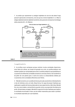 C E D E R J194
Aula 4
7. As células que representam os estágios haplóides do ciclo de vida deste fungo
possuem apenas dois cromossomos, uma vez que seu número haplóide é n = 2. Mas no
estágio diplóide (meiócito diplóide transitório), dois pares de cromossomos homólogos
estão presentes (2n = 4). Observe:
1. a, g, d, h, e, b, f, c.
2. As ervilhas eram vantajosas porque existiam muitas variedades disponíveis,
eram fáceis de cultivar, seu tempo de geração era curto, se autofecundavam mas
também podiam ser manipuladas para evitar a autofecundação (o que possibilitava o
cruzamento de diferentes variedades através do corte das anteras e da transferência
do pólen de uma planta para o ovário de outra) e os descendentes obtidos por
cruzamentos entre variedades diferentes eram férteis.
3. Mendel concentrou-se na análise da herança de cada característica individualmente
e não do indivíduo como um todo. Dessa forma, foi capaz de propor hipóteses que
explicassem o padrão de herança observado em seus experimentos. Além disso, Mendel
fez uma coisa simples e extraordinária quando contou as proporções fenotípicas da
prole. Através dessa contagem, Mendel foi capaz de formular hipóteses para explicar
os resultados encontrados e fazer uso da análise matemática para testar e predizer
os resultados esperados por suas hipóteses.
Se você não acertou este exercício, reveja os conceitos de organismos
haplóides e diplóides, cromossomos e cromossomos homólogos. Tire
suas dúvidas com o tutor. É muito importante que você possa distinguir
claramente entre estes conceitos.
!
 