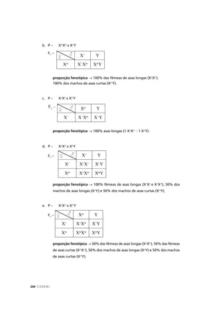 C E D E R J204
b. P – Xm
Xm
x X+
Y
F1
–
proporção fenotípica → 100% das fêmeas de asas longas (X+
Xm
).
100% dos machos de asas curtas (Xm
Y).
c. P – X+
X+
x Xm
Y
F1
–
proporção fenotípica → 100% asas longas (1 X+
Xm
: 1 X+
Y).
d. P – X+
Xm
x X+
Y
F1
–
proporção fenotípica → 100% fêmeas de asas longas (X+
X+
e X+
Xm
), 50% dos
machos de asas longas (X+
Y) e 50% dos machos de asas curtas (Xm
Y).
e. P – X+
Xm
x Xm
Y
F1
–
proporção fenotípica → 50% das fêmeas de asas longas (X+
Xm
), 50% das fêmeas
de asas curtas (Xm
Xm
), 50% dos machos de asas longas (X+
Y) e 50% dos machos
de asas curtas (Xm
Y).
♂
♀ X+
Y
Xm
X+
Xm
Xm
Y
♂
♀ Xm
Y
X+
X+
Xm
X+
Y
♂♀ X+
Y
X+
X+
X+
X+
Y
Xm
X+
Xm
Xm
Y
♂
♀ Xm
Y
X+
X+
Xm
X+
Y
Xm
Xm
Xm
Xm
Y
 
