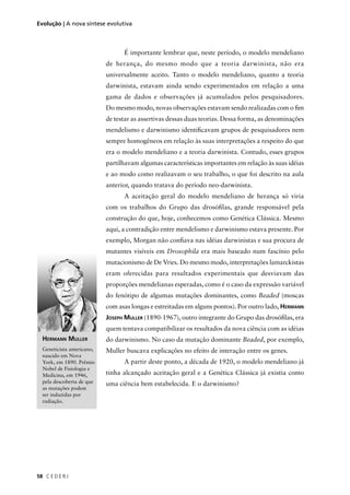 C E D E R J58
Evolução | A nova síntese evolutiva
HERMANN MULLER
Geneticista americano,
nascido em Nova
York, em 1890. Prêmio
Nobel de Fisiologia e
Medicina, em 1946,
pela descoberta de que
as mutações podem
ser induzidas por
radiação.
É importante lembrar que, neste período, o modelo mendeliano
de herança, do mesmo modo que a teoria darwinista, não era
universalmente aceito. Tanto o modelo mendeliano, quanto a teoria
darwinista, estavam ainda sendo experimentados em relação a uma
gama de dados e observações já acumulados pelos pesquisadores.
Do mesmo modo, novas observações estavam sendo realizadas com o ﬁm
de testar as assertivas dessas duas teorias. Dessa forma, as denominações
mendelismo e darwinismo identiﬁcavam grupos de pesquisadores nem
sempre homogêneos em relação às suas interpretações a respeito do que
era o modelo mendeliano e a teoria darwinista. Contudo, esses grupos
partilhavam algumas características importantes em relação às suas idéias
e ao modo como realizavam o seu trabalho, o que foi descrito na aula
anterior, quando tratava do período neo-darwinista.
A aceitação geral do modelo mendeliano de herança só viria
com os trabalhos do Grupo das drosóﬁlas, grande responsável pela
construção do que, hoje, conhecemos como Genética Clássica. Mesmo
aqui, a contradição entre mendelismo e darwinismo estava presente. Por
exemplo, Morgan não conﬁava nas idéias darwinistas e sua procura de
mutantes visíveis em Drosophila era mais baseado num fascínio pelo
mutacionismo de De Vries. Do mesmo modo, interpretações lamarckistas
eram oferecidas para resultados experimentais que desviavam das
proporções mendelianas esperadas, como é o caso da expressão variável
do fenótipo de algumas mutações dominantes, como Beaded (moscas
com asas longas e estreitadas em alguns pontos). Por outro lado, HERMANN
JOSEPH MULLER (1890-1967), outro integrante do Grupo das drosóﬁlas, era
quem tentava compatibilizar os resultados da nova ciência com as idéias
do darwinismo. No caso da mutação dominante Beaded, por exemplo,
Muller buscava explicações no efeito de interação entre os genes.
A partir deste ponto, a década de 1920, o modelo mendeliano já
tinha alcançado aceitação geral e a Genética Clássica já existia como
uma ciência bem estabelecida. E o darwinismo?
 
