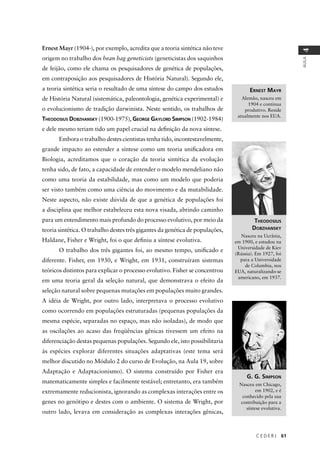C E D E R J 61
AULA
4
Ernest Mayr (1904-), por exemplo, acredita que a teoria sintética não teve
origem no trabalho dos bean bag geneticists (geneticistas dos saquinhos
de feijão, como ele chama os pesquisadores de genética de populações,
em contraposição aos pesquisadores de História Natural). Segundo ele,
a teoria sintética seria o resultado de uma síntese do campo dos estudos
de História Natural (sistemática, paleontologia, genética experimental) e
o evolucionismo de tradição darwinista. Neste sentido, os trabalhos de
THEODOSIUS DOBZHANSKY (1900-1975), GEORGE GAYLORD SIMPSON (1902-1984)
e dele mesmo teriam tido um papel crucial na deﬁnição da nova síntese.
Embora o trabalho destes cientistas tenha tido, incontestavelmente,
grande impacto ao estender a síntese como um teoria uniﬁcadora em
Biologia, acreditamos que o coração da teoria sintética da evolução
tenha sido, de fato, a capacidade de entender o modelo mendeliano não
como uma teoria da estabilidade, mas como um modelo que poderia
ser visto também como uma ciência do movimento e da mutabilidade.
Neste aspecto, não existe dúvida de que a genética de populações foi
a disciplina que melhor estabeleceu esta nova visada, abrindo caminho
para um entendimento mais profundo do processo evolutivo, por meio da
teoria sintética. O trabalho destes três gigantes da genética de populações,
Haldane, Fisher e Wright, foi o que deﬁniu a síntese evolutiva.
O trabalho dos três gigantes foi, ao mesmo tempo, uniﬁcado e
diferente. Fisher, em 1930, e Wright, em 1931, construíram sistemas
teóricos distintos para explicar o processo evolutivo. Fisher se concentrou
em uma teoria geral da seleção natural, que demonstrava o efeito da
seleção natural sobre pequenas mutações em populações muito grandes.
A idéia de Wright, por outro lado, interpretava o processo evolutivo
como ocorrendo em populações estruturadas (pequenas populações da
mesma espécie, separadas no espaço, mas não isoladas), de modo que
as oscilações ao acaso das freqüências gênicas tivessem um efeito na
diferenciação destas pequenas populações. Segundo ele, isto possibilitaria
às espécies explorar diferentes situações adaptativas (este tema será
melhor discutido no Módulo 2 do curso de Evolução, na Aula 19, sobre
Adaptação e Adaptacionismo). O sistema construído por Fisher era
matematicamente simples e facilmente testável; entretanto, era também
extremamente reducionista, ignorando as complexas interações entre os
genes no genótipo e destes com o ambiente. O sistema de Wright, por
outro lado, levava em consideração as complexas interações gênicas,
ERNEST MAYR
Alemão, nasceu em
1904 e continua
produtivo. Reside
atualmente nos EUA.
THEODOSIUS
DOBZHANSKY
Nasceu na Ucrânia,
em 1900, e estudou na
Universidade de Kiev
(Rússia). Em 1927, foi
para a Universidade
de Columbia, nos
EUA, naturalizando-se
americano, em 1937.
G. G. SIMPSON
Nasceu em Chicago,
em 1902, e é
conhecido pela sua
contribuição para a
síntese evolutiva.
 
