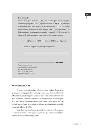 C E D E R J 77
AULA
5
HETEROZIGOSIDADE
O termo heterozigosidade refere-se a uma medida da variação
genética em uma população, com relação a um loco. Essa medida reﬂete
a freqüência de heterozigotos para esse loco. Tal estimativa é muito útil
para avaliarmos a diversidade genética de uma população natural (Figura
5.5). No caso do exemplo da espécie de borboleta, vemos que, das 100
borboletas, 60 foram heterozigotos (AB), ou seja, sua heterozigosidade
observada (Ho
) foi de 60%.
Quando se estima a heterozigosidade em mais de um loco, pode-
se calcular também a heterozigosidade média, que é a média aritmética
simples de todas as heterozigosidades.
Exercício 5.2
Considere o gene humano CCR5, que codiﬁca para um co-receptor
de macrófagos para o HIV-1, agente causador da AIDS. Os genótipos
homozigotos para uma deleção de 32 aminoácidos (CCDR5-∆32) são
extremamente resistentes à infecção pelo HIV-1. Em uma amostra de
294 parisienses estudados para os alelos + (normal) e ∆32 (deleção), os
números de indivíduos com cada genótipo foram os seguintes:
+/+ = 224 pessoas +/∆32 = 64 pessoas ∆32 / ∆32 = 6 pessoas
Calcule as freqüências genotípicas e gênicas.
______________________________________________________
____________________________________________________________
____________________________________________________________
RESPOSTA
Freqüências genotípicas:
Número total de indivíduos: 294
+/+ = 224/294 = 0.762
+/∆32 = 64/294 = 0.218
∆32/∆32 = 6/294 = 0.020
 