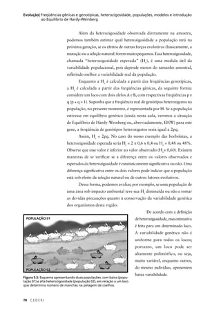 78 C E D E R J
Evolução| Freqüências gênicas e genotípicas, heterozigosidade, populações, modelos e introdução
ao Equilíbrio de Hardy-Weinberg
Além da heterozigosidade observada diretamente na amostra,
podemos também estimar qual heterozigosidade a população terá na
próxima geração, se os efeitos de outras forças evolutivas (basicamente, a
mutaçãoouaseleçãonatural)foremmuitopequenos.Essaheterozigosidade,
chamada “heterozigosidade esperada” (He
), é uma medida útil da
variabilidade populacional, pois depende menos do tamanho amostral,
reﬂetindo melhor a variabilidade real da população.
Enquanto a Ho
é calculada a partir das freqüências genotípicas,
a He
é calculada a partir das freqüências gênicas, da seguinte forma:
considere um loco com dois alelos A e B, com respectivas freqüências p e
q (p + q = 1). Suponha que a freqüência real de genótipos heterozigotos na
população, no presente momento, é representada por H. Se a população
estivesse em equilíbrio genético (ainda nesta aula, veremos a situação
de Equilíbrio de Hardy-Weinberg ou, abreviadamente, EHW) para este
gene, a freqüência de genótipos heterozigotos seria igual a 2pq.
Assim, He
= 2pq. No caso do nosso exemplo das borboletas, a
heterozigosidade esperada seria He
= 2 x 0,6 x 0,4 ou He
= 0,48 ou 48%.
Observe que esse valor é inferior ao valor observado (Ho
= 0,60). Existem
maneiras de se veriﬁcar se a diferença entre os valores observados e
esperados da heterozigosidade é estatisticamente signiﬁcativa ou não. Uma
diferença signiﬁcativa entre os dois valores pode indicar que a população
está sob efeito da seleção natural ou de outros fatores evolutivos.
Dessa forma, podemos avaliar, por exemplo, se uma população de
uma área sob impacto ambiental teve sua He
diminuída ou não e tomar
as devidas precauções quanto à conservação da variabilidade genética
dos organismos desta região.
De acordo com a deﬁnição
deheterozigosidade,essaestimativa
é feita para um determinado loco.
A variabilidade genética não é
uniforme para todos os locos;
portanto, um loco pode ser
altamente polimórfico, ou seja,
muito variável, enquanto outros,
do mesmo indivíduo, apresentem
baixa variabilidade.
POPULAÇÃO 01
POPULAÇÃO 02
Figura 5.5: Esquema apresentando duas populações: com baixa (popu-
lação 01) e alta heterozigosidade (população 02), em relação a um loco
que determina número de manchas na pelagem de coelhos.
 