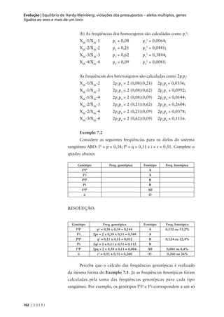 102 C E D E R J
Evolução | Equilíbrio de Hardy-Weinberg: violações dos pressupostos – alelos múltiplos, genes
ligados ao sexo e mais de um loco
(b) As freqüências dos homozigotos são calculadas como pi
2
:
Xdh
-1/Xdh
-1 p1
= 0,08 p1
2
= 0,0064;
Xdh
-2/Xdh
-2 p2
= 0,21 p2
2
= 0,0441;
Xdh
-3/Xdh
-3 p3
= 0,62 p3
2
= 0,3844;
Xdh
-4/Xdh
-4 p4
= 0,09 p4
2
= 0,0081.
As freqüências dos heterozigotos são calculadas como 2pi
pj
:
Xdh
-1/Xdh
-2 2p1
p2
= 2 (0,08)(0,21) 2p1
p2
= 0,0336;
Xdh
-1/Xdh
-3 2p1
p3
= 2 (0,08)(0,62) 2p1
p3
= 0,0992;
Xdh
-1/Xdh
-4 2p1
p4
= 2 (0,08)(0,09) 2p1
p4
= 0,0144;
Xdh
-2/Xdh
-3 2p2
p3
= 2 (0,21)(0,62) 2p2
p3
= 0,2604;
Xdh
-2/Xdh
-4 2p2
p4
= 2 (0,21)(0,09) 2p2
p4
= 0,0378;
Xdh
-3/Xdh
-4 2p3
p4
= 2 (0,62)(0,09) 2p3
p4
= 0,1116.
Exemplo 7.2
Considere as seguintes freqüências para os alelos do sistema
sangüíneo ABO: IA
= p = 0,38; IB
= q = 0,11 e i = r = 0,51. Complete o
quadro abaixo:
RESOLUÇÃO:
Genótipo Freq. genotípica Fenótipo Freq. fenotípica
IA
IA
A
IA
i A
IB
IB
B
IB
i B
IA
IB
AB
ii O
Genótipo Freq. genotípica Fenótipo Freq. fenotípica
IA
IA
p2
= 0,38 x 0,38 = 0,144 A 0,532 ou 53,2%
IA
i 2pr = 2 x 0,38 x 0,51 = 0,388 A
IB
IB
q2
= 0,11 x 0,11 = 0,012 B 0,124 ou 12,4%
IB
i 2qr = 2 x 0,11 x 0,51 = 0,112 B
IA
IB
2pq = 2 x 0,38 x 0,11 = 0,084 AB 0,084 ou 8,4%
ii r2
= 0,51 x 0,51 = 0,260 O 0,260 ou 26%
Perceba que o cálculo das freqüências genotípicas é realizado
da mesma forma do Exemplo 7.1. Já as freqüências fenotípicas foram
calculadas pela soma das freqüências genotípicas para cada tipo
sangüíneo. Por exemplo, os genótipos IA
IA
e IA
i correspondem a um só
 