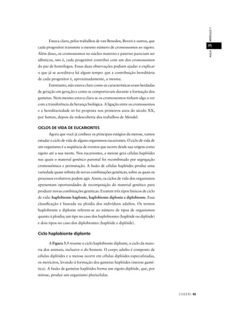 CEDER J 45
AULAMÓDULO13
Estava claro, pelos trabalhos de van Beneden, Boveri e outros, que
cada progenitor transmite o mesmo número de cromossomos ao zigoto.
Além disso, os cromossomos no núcleo materno e paterno pareciam ser
idênticos, isto é, cada progenitor contribui com um dos cromossomos
do par de homólogos. Essas duas observações podiam ajudar a explicar
o que já se acreditava há algum tempo: que a contribuição hereditária
de cada progenitor é, aproximadamente, a mesma.
Entretanto, não estava claro como as características eram herdadas
de geração em geração e como se comportavam durante a formação dos
gametas. Nem mesmo estava claro se os cromossomos tinham algo a ver
com a transferência da herança biológica. A ligação entre os cromossomos
e a hereditariedade só foi proposta nos primeiros anos do século XX,
por Sutton, depois da redescoberta dos trabalhos de Mendel.
CICLOS DE VIDA DE EUCARIONTES
Agora que você já conhece os principais estágios da meiose, vamos
estudar o ciclo de vida de alguns organismos eucariontes. O ciclo de vida de
um organismo é a seqüência de eventos que ocorre desde sua origem como
zigoto até a sua morte. Nos eucariontes, a meiose gera células haplóides
nas quais o material genético parental foi recombinado por segregação
cromossômica e permutação. A fusão de células haplóides produz uma
variedade quase inﬁnita de novas combinações genéticas, sobre as quais os
processos evolutivos podem agir. Assim, os ciclos de vida dos organismos
apresentam oportunidades de recomposição do material genético para
produzir novas combinações genéticas. Existem três tipos básicos de ciclo
de vida: haplobionte haplonte, haplobionte diplonte e diplobionte. Essa
classiﬁcação é baseada na ploidia dos indivíduos adultos. Os termos
haplobionte e diplonte referem-se ao número de tipos de organismos
quanto à ploidia; um tipo no caso dos haplobiontes (haplóide ou diplóide)
e dois tipos no caso dos diplobiontes (haplóide e diplóide).
Ciclo haplobionte diplonte
A Figura 3.5 resume o ciclo haplobionte diplonte, o ciclo da maio-
ria dos animais, inclusive o do homem. O corpo adulto é composto de
células diplóides e a meiose ocorre em células diplóides especializadas,
os meiócitos, levando à formação dos gametas haplóides (meiose gamé-
tica). A fusão de gametas haplóides forma um zigoto diplóide, que, por
mitose, produz um organismo pluricelular.
 