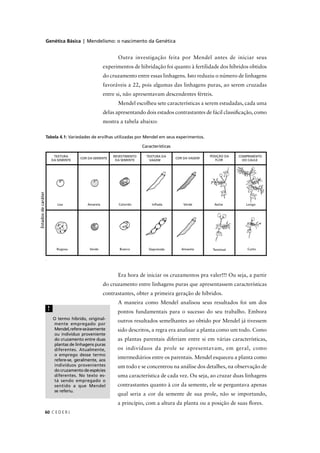 Genética Básica | Mendelismo: o nascimento da Genética
C E D E R J60
Características
Estadosdecaráter
.
O termo híbrido, original-
mente empregado por
Mendel,refere-seàsemente
ou indivíduo proveniente
do cruzamento entre duas
plantas de linhagens puras
diferentes. Atualmente,
o emprego desse termo
refere-se, geralmente, aos
indivíduos provenientes
do cruzamento de espécies
diferentes. No texto es-
tá sendo empregado o
sentido a que Mendel
se referiu.
!
Era hora de iniciar os cruzamentos pra valer!!! Ou seja, a partir
do cruzamento entre linhagens puras que apresentassem características
contrastantes, obter a primeira geração de híbridos.
A maneira como Mendel analisou seus resultados foi um dos
pontos fundamentais para o sucesso do seu trabalho. Embora
outros resultados semelhantes ao obtido por Mendel já tivessem
sido descritos, a regra era analisar a planta como um todo. Como
as plantas parentais diferiam entre si em várias características,
os indivíduos da prole se apresentavam, em geral, como
intermediários entre os parentais. Mendel esqueceu a planta como
um todo e se concentrou na análise dos detalhes, na observação de
uma característica de cada vez. Ou seja, ao cruzar duas linhagens
contrastantes quanto à cor da semente, ele se perguntava apenas
qual seria a cor da semente de sua prole, não se importando,
a princípio, com a altura da planta ou a posição de suas ﬂores.
Outra investigação feita por Mendel antes de iniciar seus
experimentos de hibridação foi quanto à fertilidade dos híbridos obtidos
do cruzamento entre essas linhagens. Isto reduziu o número de linhagens
favoráveis a 22, pois algumas das linhagens puras, ao serem cruzadas
entre si, não apresentavam descendentes férteis.
Mendel escolheu sete características a serem estudadas, cada uma
delas apresentando dois estados contrastantes de fácil classiﬁcação, como
mostra a tabela abaixo:
Tabela 4.1: Variedades de ervilhas utilizadas por Mendel em seus experimentos.
 