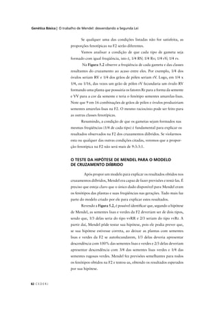 Genética Básica | O trabalho de Mendel: desvendando a Segunda Lei
C E D E R J82
Se qualquer uma das condições listadas não for satisfeita, as
proporções fenotípicas na F2 serão diferentes.
Vamos analisar a condição de que cada tipo de gameta seja
formado com igual freqüência, isto é, 1/4 RV; 1/4 Rv; 1/4 rV; 1/4 rv.
Na Figura 5.2 observe a freqüência de cada gameta e das classes
resultantes do cruzamento ao acaso entre eles. Por exemplo, 1/4 dos
óvulos seriam RV e 1/4 dos grãos de pólen seriam rV. Logo, em 1/4 x
1/4, ou 1/16, das vezes um grão de pólen rV fecundaria um óvulo RV
formando uma planta que possuiria os fatores Rr para a forma da semente
e VV para a cor da semente e teria o fenótipo sementes amarelas-lisas.
Note que 9 em 16 combinações de grãos de pólen e óvulos produziriam
sementes amarelas-lisas na F2. O mesmo raciocínio pode ser feito para
as outras classes fenotípicas.
Resumindo, a condição de que os gametas sejam formados nas
mesmas freqüências (1/4 de cada tipo) é fundamental para explicar os
resultados observados na F2 dos cruzamentos diíbridos. Se violarmos
esta ou qualquer das outras condições citadas, veremos que a propor-
ção fenotípica na F2 não será mais de 9:3:3:1.
O TESTE DA HIPÓTESE DE MENDEL PARA O MODELO
DE CRUZAMENTO DIÍBRIDO
Após propor um modelo para explicar os resultados obtidos nos
cruzamentos diíbridos, Mendel era capaz de fazer previsões e testá-las. É
preciso que esteja claro que o único dado disponível para Mendel eram
os fenótipos das plantas e suas freqüências nas gerações. Tudo mais faz
parte do modelo criado por ele para explicar estes resultados.
Revendo a Figura 5.2, é possível identiﬁcar que, segundo a hipótese
de Mendel, as sementes lisas e verdes da F2 deveriam ser de dois tipos,
sendo que, 1/3 delas seria do tipo vvRR e 2/3 seriam do tipo vvRr. A
partir daí, Mendel pôde testar sua hipótese, pois ele podia prever que,
se sua hipótese estivesse correta, ao deixar as plantas com sementes
lisas e verdes da F2 se autofecundarem, 1/3 delas deveria apresentar
descendência com 100% das sementes lisas e verdes e 2/3 delas deveriam
apresentar descendência com 3/4 das sementes lisas verdes e 1/4 das
sementes rugosas verdes. Mendel fez previsões semelhantes para todos
os fenótipos obtidos na F2 e testou-as, obtendo os resultados esperados
por sua hipótese.
 