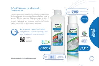 143
¢10,305 ¢7,415
Efectivoaerosolquecontieneunapoderosacombinación
de ingredientes para remover la suciedad sin frotar ni
remojar. Elimina manchas de aceite, grasa y tinta. Es
el complemento del sistema de lavado inteligente de
AMWAY HOME™. No contiene clorofluorocarbonos
(CFCs), por lo que no daña la capa de ozono.
B- SA8™ Aerosol para Prelavado
Quitamancha
No. de Artículo 110403 / Cont. 400ml
Sostén el envase a 15/20 cm de la prenda y rocía
sobre la mancha, espera un minuto, no dejes que
seque y lava la prenda como de costumbre.
www.amway.co.cr/amwayhome
Escanéalo
para ver la
Demostración
de producto.
Aroma
mejorado
LAVANDERÍA
Rinde
hasta aplicaciones*
700
Rinde
hasta
lavadas en
carga de 6kg*33
A
B
RECICLA
ESTE
ENVASE
 