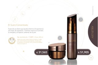 49
Aplica el suero sobre todo el rostro y cuello
con movimientos ascendentes. Úsualo por
la mañana y la noche. En la rutina de belleza
este es el paso 3.
B- Suero Concentrado
No. de Artículo: 113809 / Cont. 30 ml
Suero de uso diario que ayuda a disminuir la apariencia
de líneas de expresión, mientras mejora la suavidad,
la claridad y el aspecto radiante de la piel.
TRATAMIENTOS
¢ 51,905¢ 31,565
B
A
H
UMECTA
R
4
T
RATAMIENTO
3
 