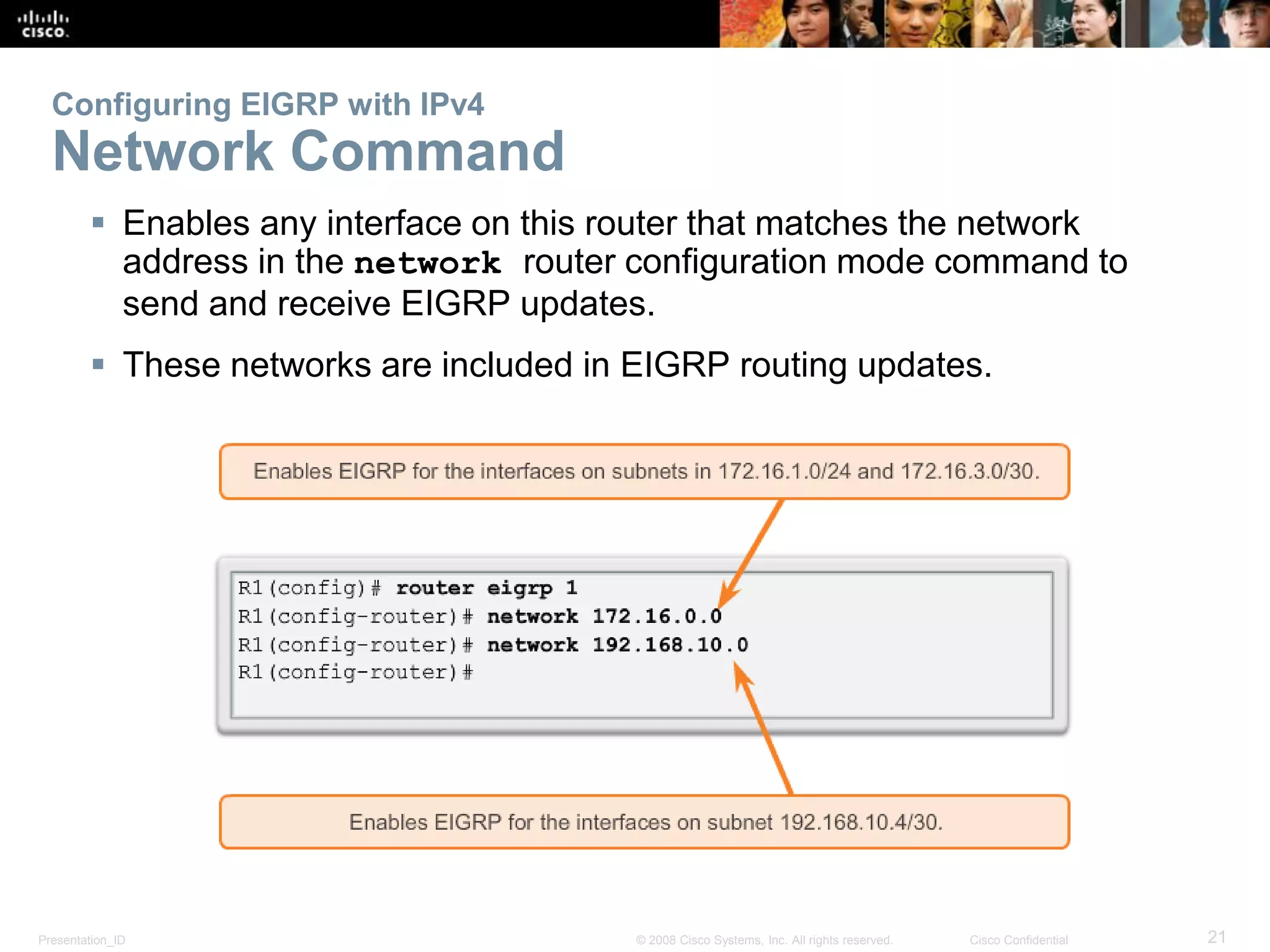 Presentation_ID 21© 2008 Cisco Systems, Inc. All rights reserved. Cisco Confidential
Configuring EIGRP with IPv4
Network Command
 Enables any interface on this router that matches the network
address in the network router configuration mode command to
send and receive EIGRP updates.
 These networks are included in EIGRP routing updates.
 