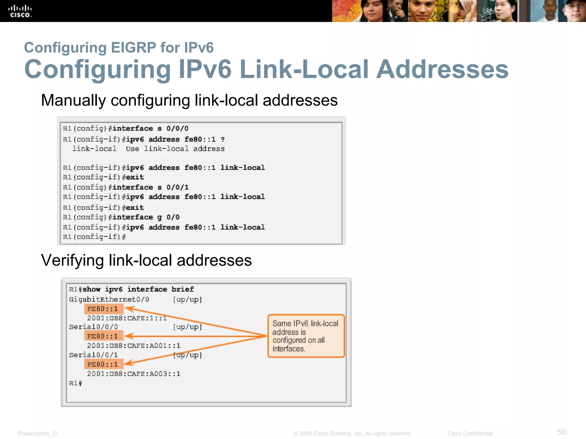 Presentation_ID 50© 2008 Cisco Systems, Inc. All rights reserved. Cisco Confidential
Configuring EIGRP for IPv6
Configuring IPv6 Link-Local Addresses
Manually configuring link-local addresses
Verifying link-local addresses
 