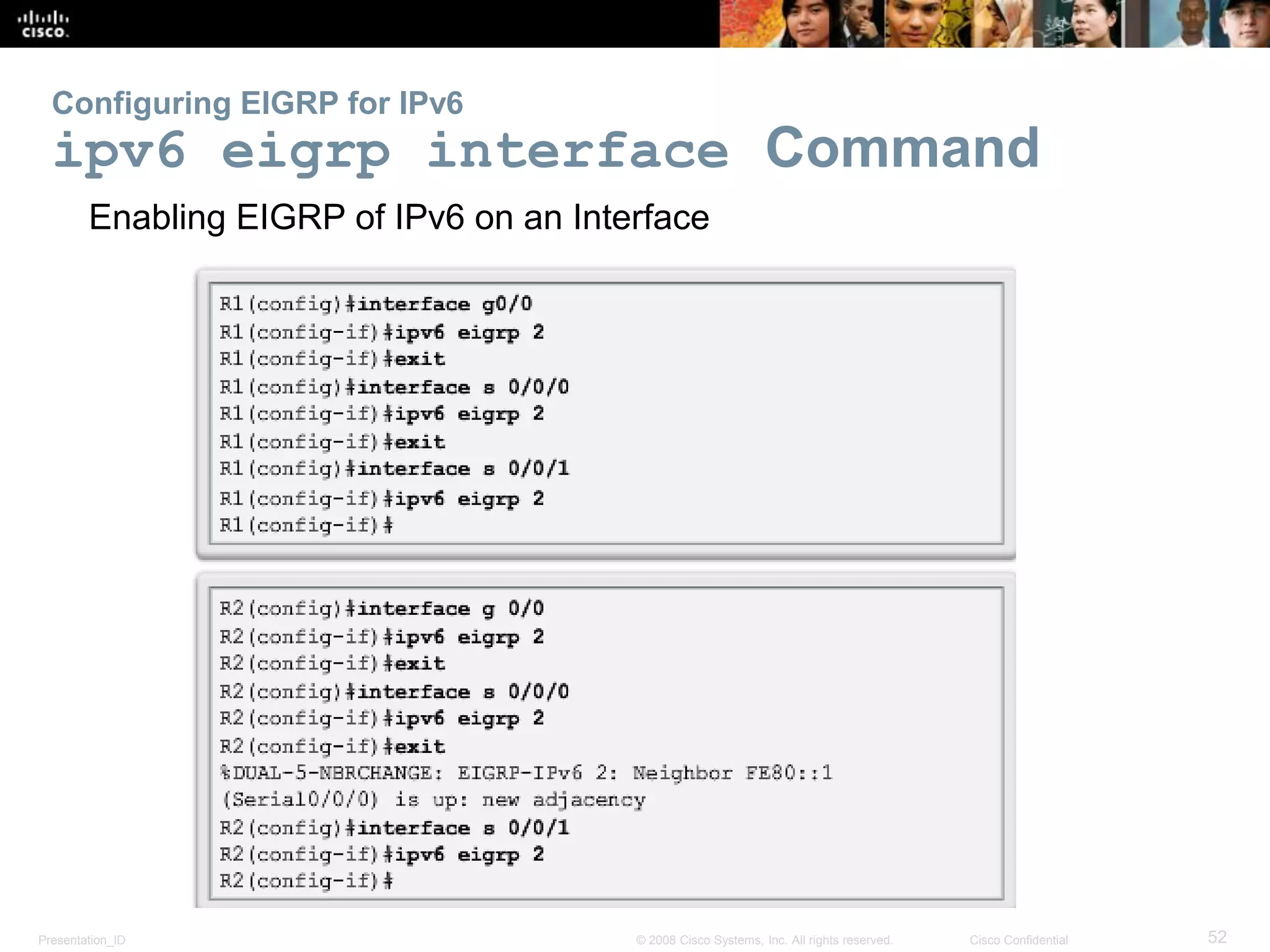 Presentation_ID 52© 2008 Cisco Systems, Inc. All rights reserved. Cisco Confidential
Configuring EIGRP for IPv6
ipv6 eigrp interface Command
Enabling EIGRP of IPv6 on an Interface
 