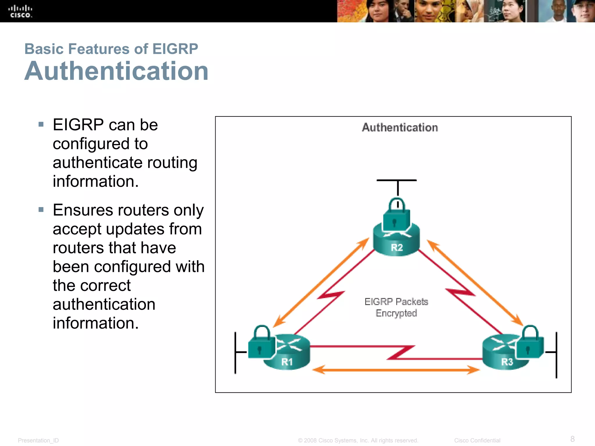Presentation_ID 8© 2008 Cisco Systems, Inc. All rights reserved. Cisco Confidential
Basic Features of EIGRP
Authentication
 EIGRP can be
configured to
authenticate routing
information.
 Ensures routers only
accept updates from
routers that have
been configured with
the correct
authentication
information.
 