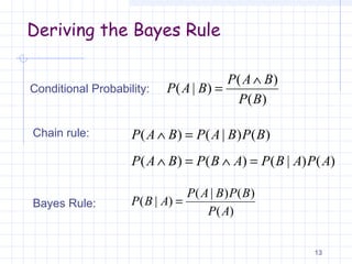 Deriving the Bayes Rule
13
)(
)(
)|(
BP
BAP
BAP
∧
=Conditional Probability:
)()|()( BPBAPBAP =∧Chain rule:
)()|()()( APABPABPBAP =∧=∧
Bayes Rule:
)(
)()|(
)|(
AP
BPBAP
ABP =
 