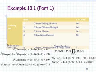 Example 13.1 (Part 1)
21
Training
set
docID c = China?
1 Chinese Beijing Chinese Yes
2 Chinese Chinese Shangai Yes
3 Chinese Macao Yes
4 Tokyo Japan Chinese No
Test set 5 Chinese Chinese Chinese Tokyo Japan ?
7/3)68/()15()|Chinese(ˆ =++=cP
14/1)68/()10()|Japan(ˆ)|Tokyo(ˆ =++== cPcP
9/2)63/()11()|Chinese(ˆ =++=cP
9/2)63/()11()|Japan(ˆ)|Tokyo(ˆ =++== cPcP
Estimation Classification
∏≤≤
∝
dnk
k ctPcPdcP
1
)|()()|(
0001.09/29/2)9/2(4/1)|(
0003.014/114/1)7/3(4/3)|(
3
5
3
5
≈⋅⋅⋅∝
≈⋅⋅⋅∝
dcP
dcP
 
