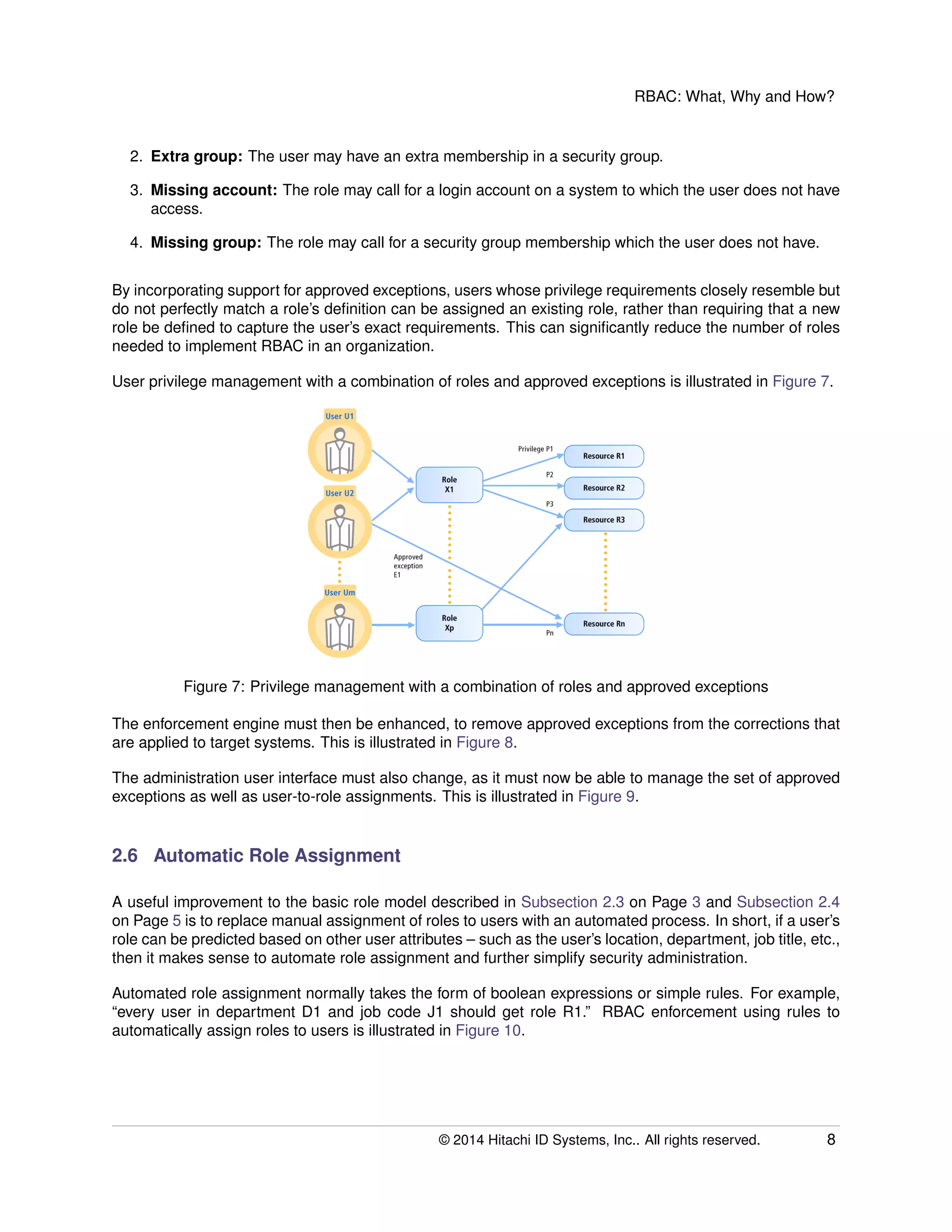 RBAC: What, Why and How?
2. Extra group: The user may have an extra membership in a security group.
3. Missing account: The role may call for a login account on a system to which the user does not have
access.
4. Missing group: The role may call for a security group membership which the user does not have.
By incorporating support for approved exceptions, users whose privilege requirements closely resemble but
do not perfectly match a role’s deﬁnition can be assigned an existing role, rather than requiring that a new
role be deﬁned to capture the user’s exact requirements. This can signiﬁcantly reduce the number of roles
needed to implement RBAC in an organization.
User privilege management with a combination of roles and approved exceptions is illustrated in Figure 7.
Figure 7: Privilege management with a combination of roles and approved exceptions
The enforcement engine must then be enhanced, to remove approved exceptions from the corrections that
are applied to target systems. This is illustrated in Figure 8.
The administration user interface must also change, as it must now be able to manage the set of approved
exceptions as well as user-to-role assignments. This is illustrated in Figure 9.
2.6 Automatic Role Assignment
A useful improvement to the basic role model described in Subsection 2.3 on Page 3 and Subsection 2.4
on Page 5 is to replace manual assignment of roles to users with an automated process. In short, if a user’s
role can be predicted based on other user attributes – such as the user’s location, department, job title, etc.,
then it makes sense to automate role assignment and further simplify security administration.
Automated role assignment normally takes the form of boolean expressions or simple rules. For example,
“every user in department D1 and job code J1 should get role R1.” RBAC enforcement using rules to
automatically assign roles to users is illustrated in Figure 10.
© 2014 Hitachi ID Systems, Inc.. All rights reserved. 8
 