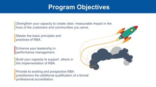 13
Strengthen your capacity to create clear, measurable impact in the
lives of the customers and communities you serve.
Master the basic principles and
practices of RBA.
Build your capacity to support others in
the implementation of RBA.
Enhance your leadership in
performance management.
Provide to existing and prospective RBA
practitioners the additional qualification of a formal
professional accreditation.
Program Objectives
 