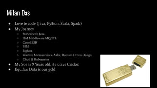 Milan Das
● Love to code (Java, Python, Scala, Spark)
● My Journey
○ Started with Java
○ IBM Middleware MQ/ETL
○ Camel ESB
○ BPM
○ Bigdata
○ Reactive Microservices : Akka, Domain Driven Design,
○ Cloud & Kubernetes
● My Son is 9 Years old. He plays Cricket
● Equifax: Data is our gold
 