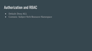 Authorization and RBAC
● Default: Deny ALL
● Contains Subject-Verb-Resource-Namespace
 