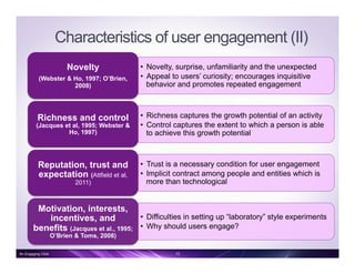 Characteristics of user engagement (II)
•  Novelty, surprise, unfamiliarity and the unexpected
•  Appeal to users’ curiosity; encourages inquisitive
behavior and promotes repeated engagement
Novelty
(Webster & Ho, 1997; O’Brien,
2008)
•  Richness captures the growth potential of an activity
•  Control captures the extent to which a person is able
to achieve this growth potential
Richness and control
(Jacques et al, 1995; Webster &
Ho, 1997)
•  Trust is a necessary condition for user engagement
•  Implicit contract among people and entities which is
more than technological
Reputation, trust and
expectation (Attfield et al,
2011)
•  Difficulties in setting up “laboratory” style experiments
•  Why should users engage?
Motivation, interests,
incentives, and
benefits (Jacques et al., 1995;
O’Brien & Toms, 2008)
13An Engaging Click
 