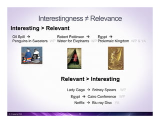 Interestingness ≠ Relevance
Interesting > Relevant
Relevant > Interesting
Oil Spill à
Penguins in Sweaters WP
Robert Pattinson à
Water for Elephants WP
Lady Gaga à Britney Spears WP
Egypt à Cairo Conference WP
Netflix à Blu-ray Disc YA
Egypt à
Ptolemaic Kingdom WP & YA
42An Engaging Click
 