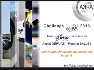 Challenge A  KA 2010 K Team INSA  Biosciences Alexia DERUAZ – Romain BALLET Les Nanotechnologies au service de la santé 
