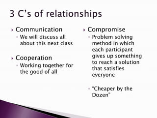  Communication
◦ We will discuss all
about this next class
 Cooperation
◦ Working together for
the good of all
 Compromise
◦ Problem solving
method in which
each participant
gives up something
to reach a solution
that satisfies
everyone
◦ “Cheaper by the
Dozen”
 