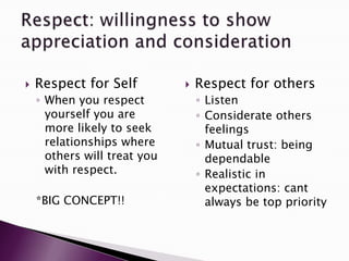  Respect for Self
◦ When you respect
yourself you are
more likely to seek
relationships where
others will treat you
with respect.
*BIG CONCEPT!!
 Respect for others
◦ Listen
◦ Considerate others
feelings
◦ Mutual trust: being
dependable
◦ Realistic in
expectations: cant
always be top priority
 