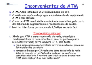 Inconvenientes de ATM
                                                                  88




 ATM/AAL5 introduce un       overhead medio do 15%
 O custo que supón o despregue e mantemento de equipamento
  ATM é moi elevado
 O uso de ATM non é viable a velocidades moi altas, polo custo
  das labores de segmentación e reensamblado de celdas.
                   g
 Non hai interfaces por encima de 2,5 Gbps en switches

                     Inconveniente principal
                     I         i t    i i l
 Aínda que ATM é unha tecnoloxía de rede, emprégase
  fundamentalmente para establecer enlaces punto a punto
  (circuítos virtuais) entre routers IP e, polo tanto,
      non é empregada como tecnoloxía extremo a extremo, para o cal
       foi inicialmente deseñada
      tampouco é usada por IP realmente como tecnoloxía de rede:
       salvo no caso de ter un PVC entre cada par de routers, a
       comunicación entre 2 routers conectados a unha mesma rede
                   ó                        d       h           d
       ATM pode implicar 2 ou máis saltos en IP.
 