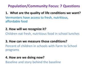 Population/Community Focus: 7 Questions
1. What are the quality of life conditions we want?
Vermonters have access to fresh, nutritious,
affordable food
2. How will we recognize it?
Children eat fresh, nutritious food in school lunches
3. How can we measure those conditions?
Percent of children in schools with Farm to School
programs
4. How are we doing now?
Baseline and story behind the baseline
 