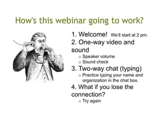 1. Welcome! We’ll start at 2 pm.
2. One-way video and
sound
o Speaker volume
o Sound check
3. Two-way chat (typing)
o Practice typing your name and
organization in the chat box.
4. What if you lose the
connection?
o Try again
 