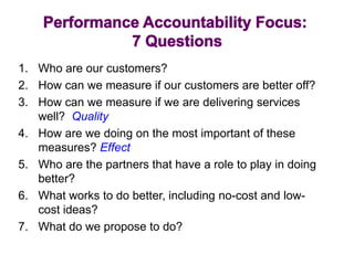 1. Who are our customers?
2. How can we measure if our customers are better off?
3. How can we measure if we are delivering services
well? Quality
4. How are we doing on the most important of these
measures? Effect
5. Who are the partners that have a role to play in doing
better?
6. What works to do better, including no-cost and low-
cost ideas?
7. What do we propose to do?
 