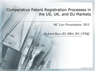 Comparative Patent Registration Processes in
the US, UK, and EU Markets
MC Law Presentation 2013
Richard Bays JD, MBA, RN, CPHQ
© R Bays 2013
 