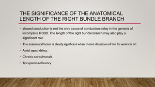 THE SIGNIFICANCE OF THE ANATOMICAL
LENGTH OF THE RIGHT BUNDLE BRANCH
• slowed conduction is not the only cause of conduction delay in the genesis of
incomplete RBBB. The length of the right bundle branch may also play a
significant role
• The anatomical factor is clearly significant when there’s dilatation of the Rt ventricle d/t
• Atrial septal defect
• Chronic corpulmonale
• Tricupsid insufficiency
 
