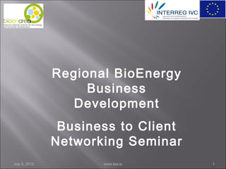 Regional BioEnergy
                    Business
                  Development
                Business to Client
               Networking Seminar
July 5, 2012          www.tea.ie     1
 