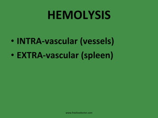 HEMOLYSIS INTRA-vascular (vessels) EXTRA-vascular (spleen) www.freelivedoctor.com 