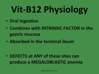 Vit-B12 Physiology Oral ingestion Combines with INTRINSIC FACTOR in the gastric mucosa Absorbed in the terminal ileum DEFECTS at ANY of these sites can produce a MEGALOBLASTIC anemia www.freelivedoctor.com 