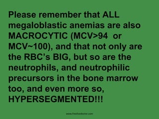 Please remember that ALL megaloblastic anemias are also MACROCYTIC (MCV>94  or  MCV~100), and that not only are the RBC’s BIG, but so are the neutrophils, and neutrophilic precursors in the bone marrow too, and even more so, HYPERSEGMENTED!!! www.freelivedoctor.com 