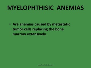 MYELOPHTHISIC  ANEMIAS Are anemias caused by metastatic tumor cells replacing the bone marrow extensively www.freelivedoctor.com 