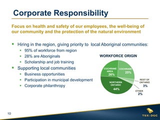 10
Focus on health and safety of our employees, the well-being of
our community and the protection of the natural environment
 Hiring in the region, giving priority to local Aboriginal communities:
 95% of workforce from region
 28% are Aboriginals
 Scholarship and job training
 Supporting local communities
 Business opportunities
 Participation in municipal development
 Corporate philanthropy
NORTHERN
ONTARIO
44%
COCHRANE
25%
COCHRANE
AREA
26%
REST OF
ONTARIO
3%
2%
OTHER
Corporate Responsibility
WORKFORCE ORIGIN
 