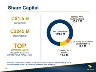 5
Note: Cash position and share data at June 11, 2013 (includes equity raise of 20,125,000 sh @ C$8.75
for gross proceeds of C$176 M). Conversion price for the Notes is US$38.50.
Share Capital
FULLY DILUTED
159.9 M
OPTIONS & FN SHARE
COMMITMENTS
8.8 M
CONVERTIBLE
NOTES
13.0 M
ISSUED AND
OUTSTANDING
138.0 M
C$1.5 B
C$245 M
TOPSHAREHOLDERS
MARKET CAP
CASH POSITION
PAULSON & CO: 15%
INSTITUTIONS TOTAL: >80%
 
