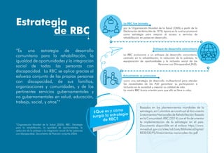 Estrategia
“Es una estrategia de desarrollo
comunitario para la rehabilitación, la
igualdad de oportunidades y la integración
social de todas las personas con
discapacidad.  La RBC se aplica gracias al
esfuerzo conjunto de las propias personas
con discapacidad, de sus familias,
organizaciones y comunidades, y de los
pertinentes servicios gubernamentales y
no gubernamentales en salud, educación,
trabajo, social, y otros”*
de RBC
*Organización Mundial de la Salud (2005). RBC. Estrategia
para la rehabilitación, la igualdad de oportunidades, la
reducción de la pobreza y la integración social de las personas
con discapacidad. Documento de Posición conjunta 2004.
¿Qué es y cómo
surgió la estrategia
de RBC?
por la Organización Mundial de la Salud (OMS) a partir de la
Declaración de Alma-Ata de 1978, época en la cual se promovió
como estrategia para mejorar el acceso a servicios de
rehabilitación en países en desarrollo.
La RBC evolucionó a un enfoque de desarrollo comunitario,
centrado en la rehabilitación, la reducción de la pobreza, la
equiparación de oportunidades y la inclusión social de las
Personas con Discapacidad (PcD).
como una estrategia de desarrollo multisectorial para atender
las necesidades de las PcD garantizar su participación e
inclusión en la sociedad y mejorar su calidad de vida.
La matriz RBC busca orientar para que ello se lleve a cabo.
La RBC fue iniciada
Enfoque de desarrollo comunitario
Actualmente se promueve
Basados en los planteamientos mundiales de la
estrategia, en Colombia se construyó el documento
Lineamientos Nacionales de Rehabilitación Basada
en la Comunidad -RBC (2014) con el fin de orientar
la implementación de la estrategia en el país.
Documento disponible en el enlace https://www.
minsalud.gov.co/sites/rid/Lists/BibliotecaDigital/
RIDE/DE/PS/lineamientos-nacionales-rbc.pdf
 