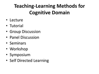 Teaching-Learning Methods for
Cognitive Domain
• Lecture
• Tutorial
• Group Discussion
• Panel Discussion
• Seminars
• Workshop
• Symposium
• Self Directed Learning
 
