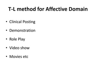 T-L method for Affective Domain
• Clinical Posting
• Demonstration
• Role Play
• Video show
• Movies etc
 