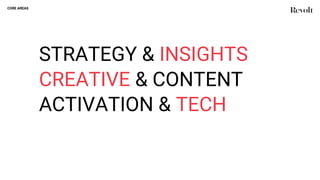 CORE AREAS
STRATEGY & INSIGHTS
CREATIVE & CONTENT
ACTIVATION & TECH
 