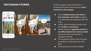confidential – for internal business use only
INSTAGRAM STORIES
44
On 8/2, Instagram launched Stories, a
Snapchat-like feature that lets users share
moments as they happen.
● Share multiple photos and videos +
text, drawings, and emojis to appear
in a slideshow that disappears after 24
hours
● Unlike regular Instagram posts, there
are no likes or comments
● Unlike Snapchat, uploaded content is
not differentiated from native content
(Snapchat adds white border to
uploaded content)
● Find Instagram Stories from accounts
you follow in a bar above the main
feed
● No ad product currently available
 