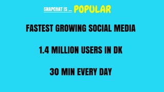 SNAPCHAT IS ... POPULAR
FASTEST GROWING SOCIAL MEDIA
1.4 MILLION USERS IN DK
30 MIN EVERY DAY
 