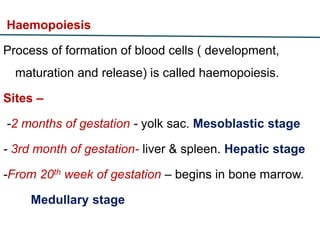 Haemopoiesis
Process of formation of blood cells ( development,
maturation and release) is called haemopoiesis.
Sites –
-2 months of gestation - yolk sac. Mesoblastic stage
- 3rd month of gestation- liver & spleen. Hepatic stage
-From 20th week of gestation – begins in bone marrow.
Medullary stage
 